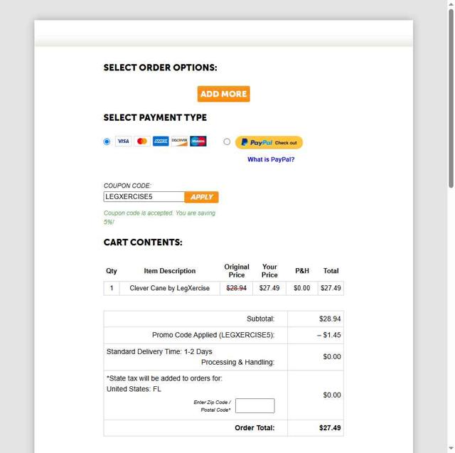 LegXercise checkout page showing LegXercise coupon code box | Screenshot taken by SimplyCodes community member on Jun 21, 2025