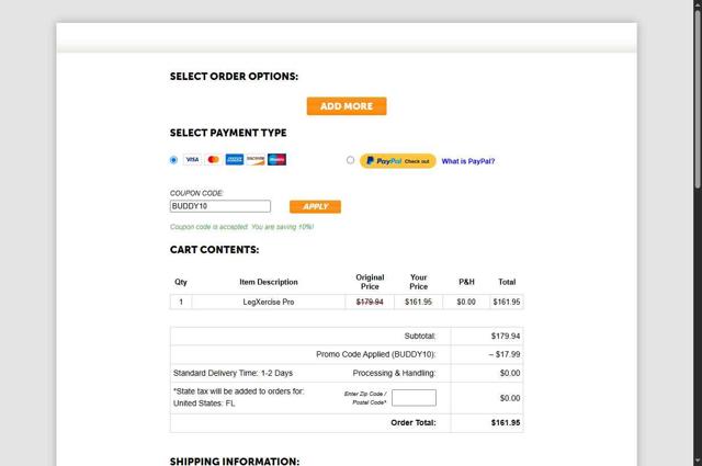 LegXercise checkout page showing LegXercise coupon code box | Screenshot taken by SimplyCodes community member on Sep 13, 2025