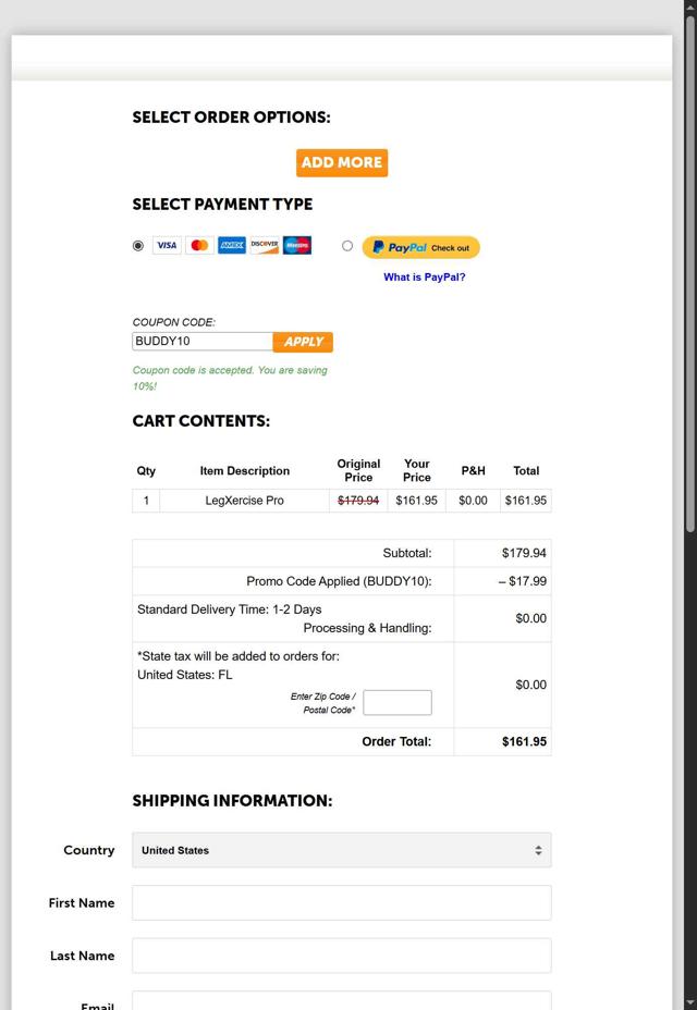 LegXercise checkout page showing LegXercise coupon code box | Screenshot taken by SimplyCodes community member on Aug 6, 2025