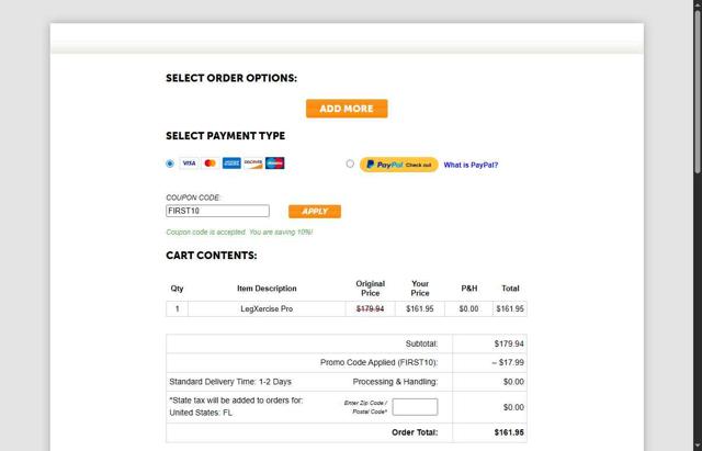LegXercise checkout page showing LegXercise coupon code box | Screenshot taken by SimplyCodes community member on Sep 10, 2025