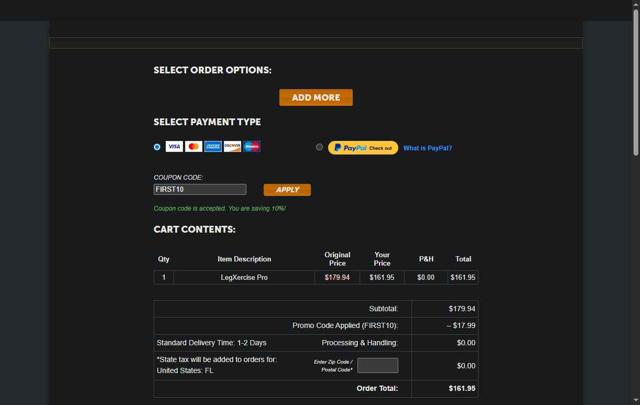 LegXercise checkout page showing LegXercise coupon code box | Screenshot taken by SimplyCodes community member on Aug 23, 2025