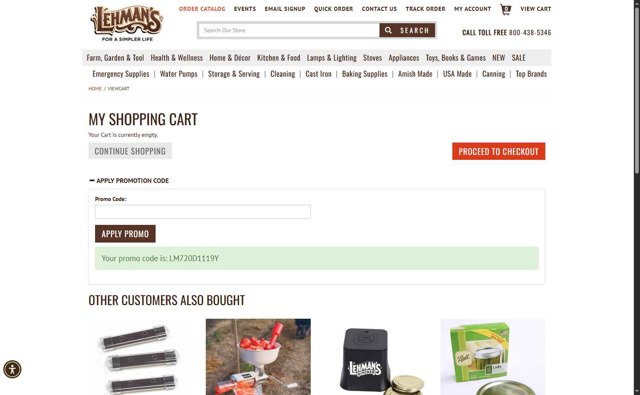 Lehman's checkout page showing Lehman's promo code box | Screenshot taken by SimplyCodes community member on Sep 4, 2025