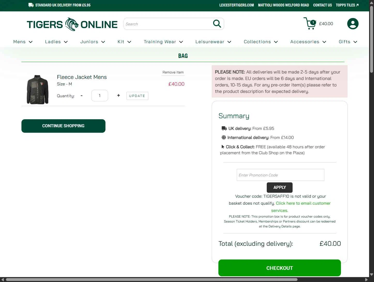 Leicester Tigers checkout page showing Leicester Tigers promo code box | Screenshot taken by SimplyCodes community member on Apr 20, 2025