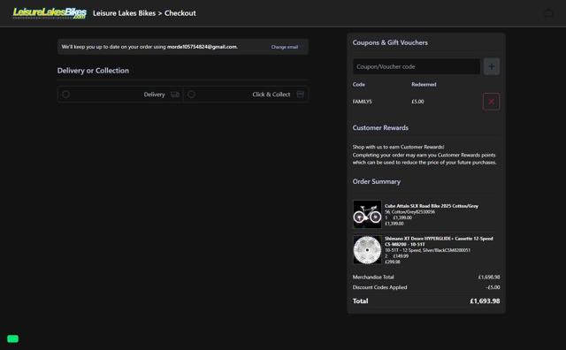 Leisure Lakes Bikes checkout page showing Leisure Lakes Bikes discount code box | Screenshot taken by SimplyCodes community member on Aug 6, 2025