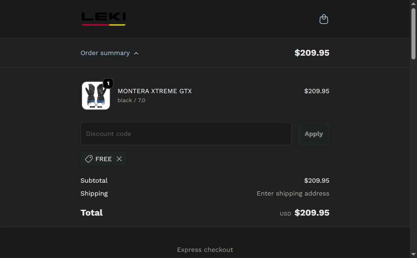 Leki checkout page showing Leki discount code box | Screenshot taken by SimplyCodes community member on Jan 6, 2026