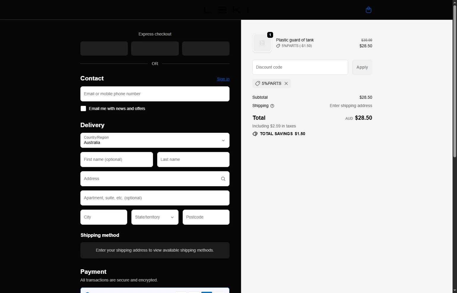 LEKI Electric Motorbike checkout page showing LEKI Electric Motorbike promo code box | Screenshot taken by SimplyCodes community member on Feb 5, 2026