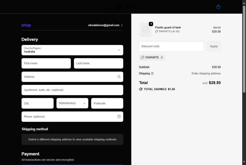LEKI Electric Motorbike checkout page showing LEKI Electric Motorbike promo code box | Screenshot taken by SimplyCodes community member on Sep 26, 2025
