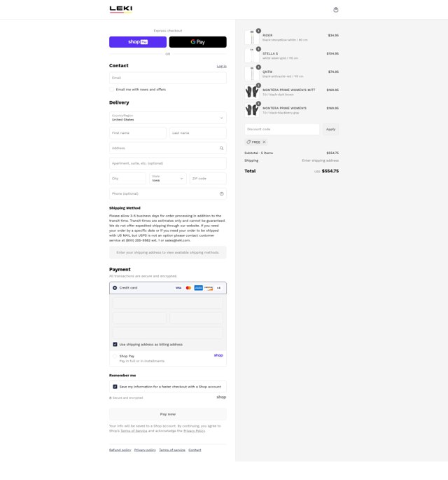 LEKI USA checkout page showing LEKI USA promo code box | Screenshot taken by SimplyCodes community member on Aug 28, 2025