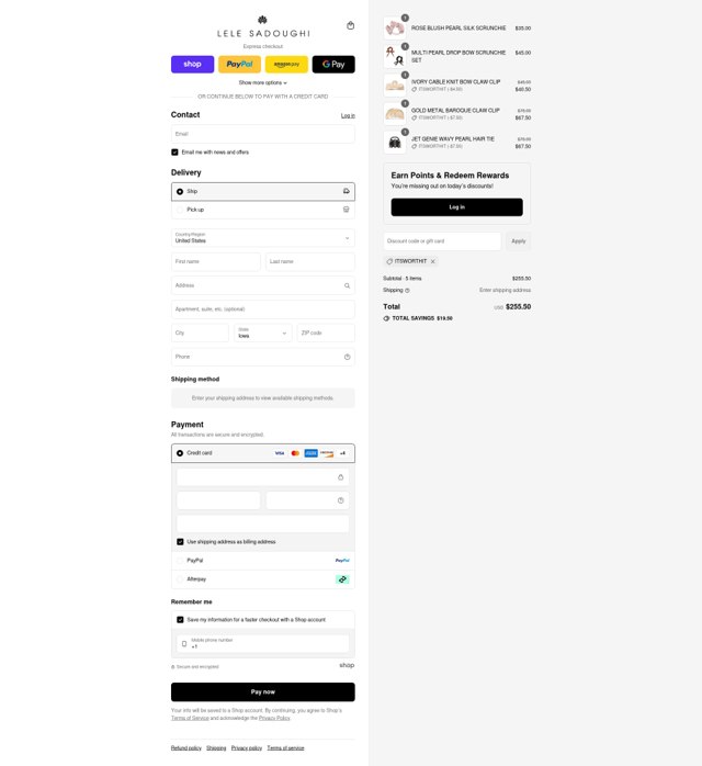 Lele Sadoughi checkout page showing Lele Sadoughi promo code box | Screenshot taken by SimplyCodes community member on Sep 4, 2025