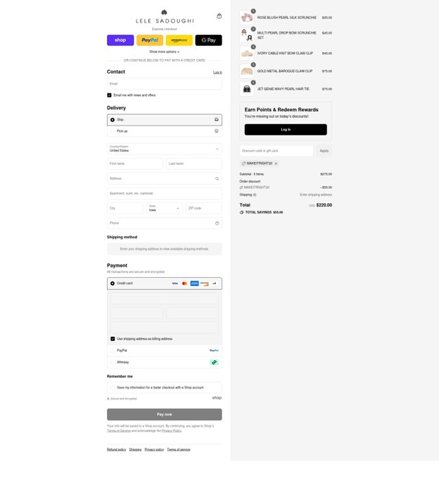 Lele Sadoughi checkout page showing Lele Sadoughi promo code box | Screenshot taken by SimplyCodes community member on Sep 4, 2025