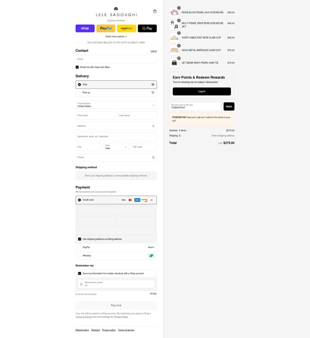 Lele Sadoughi checkout page showing Lele Sadoughi promo code box | Screenshot taken by SimplyCodes community member on Aug 31, 2025