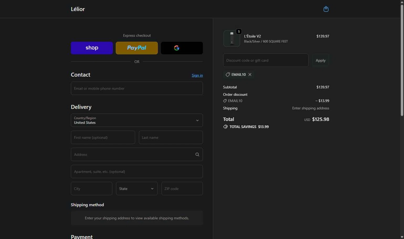 Lelior checkout page showing Lelior discount code box | Screenshot taken by SimplyCodes community member on Dec 17, 2025