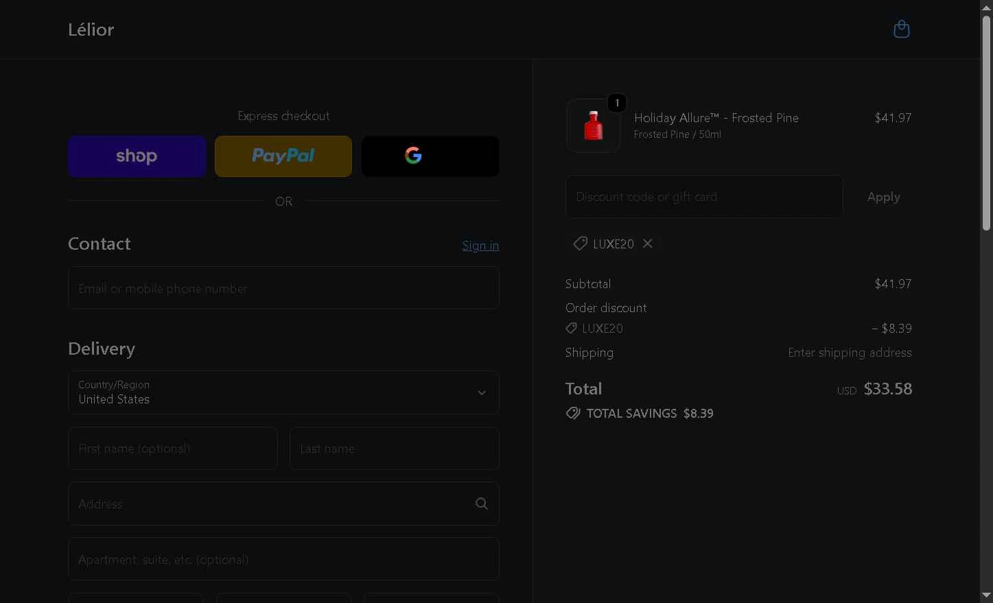 Lelior checkout page showing Lelior discount code box | Screenshot taken by SimplyCodes community member on Dec 17, 2025
