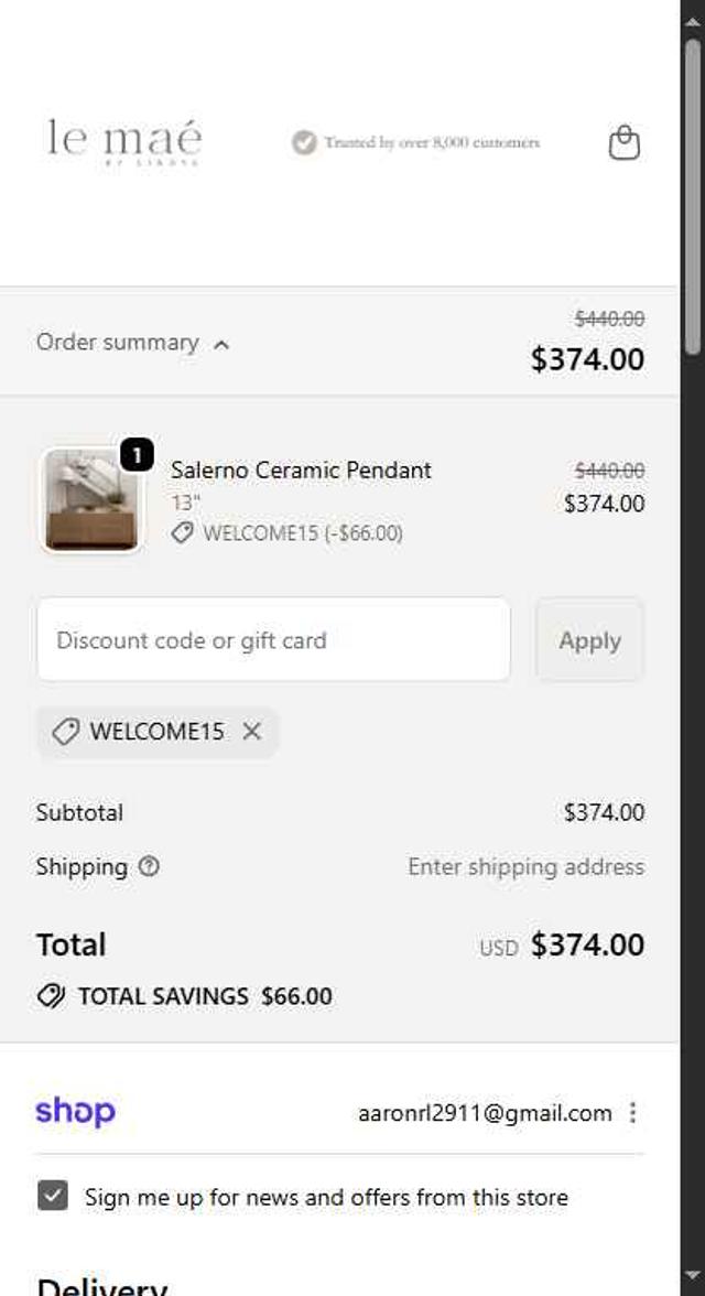 Le Maé checkout page showing Le Maé promo code box | Screenshot taken by SimplyCodes community member on Sep 18, 2025