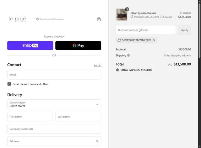 Le Maé checkout page showing Le Maé promo code box | Screenshot taken by SimplyCodes community member on Jul 22, 2025