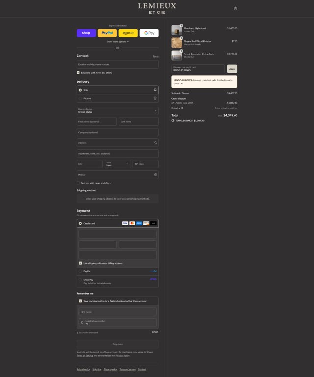 Lemieux Et Cie checkout page showing Lemieux Et Cie promo code box | Screenshot taken by SimplyCodes community member on Aug 29, 2025