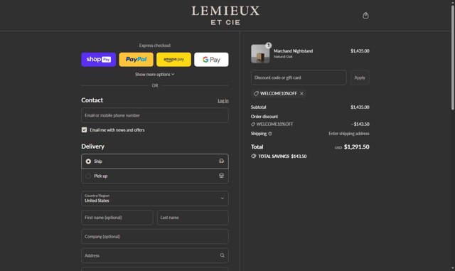 Lemieux Et Cie checkout page showing Lemieux Et Cie promo code box | Screenshot taken by SimplyCodes community member on Aug 24, 2025