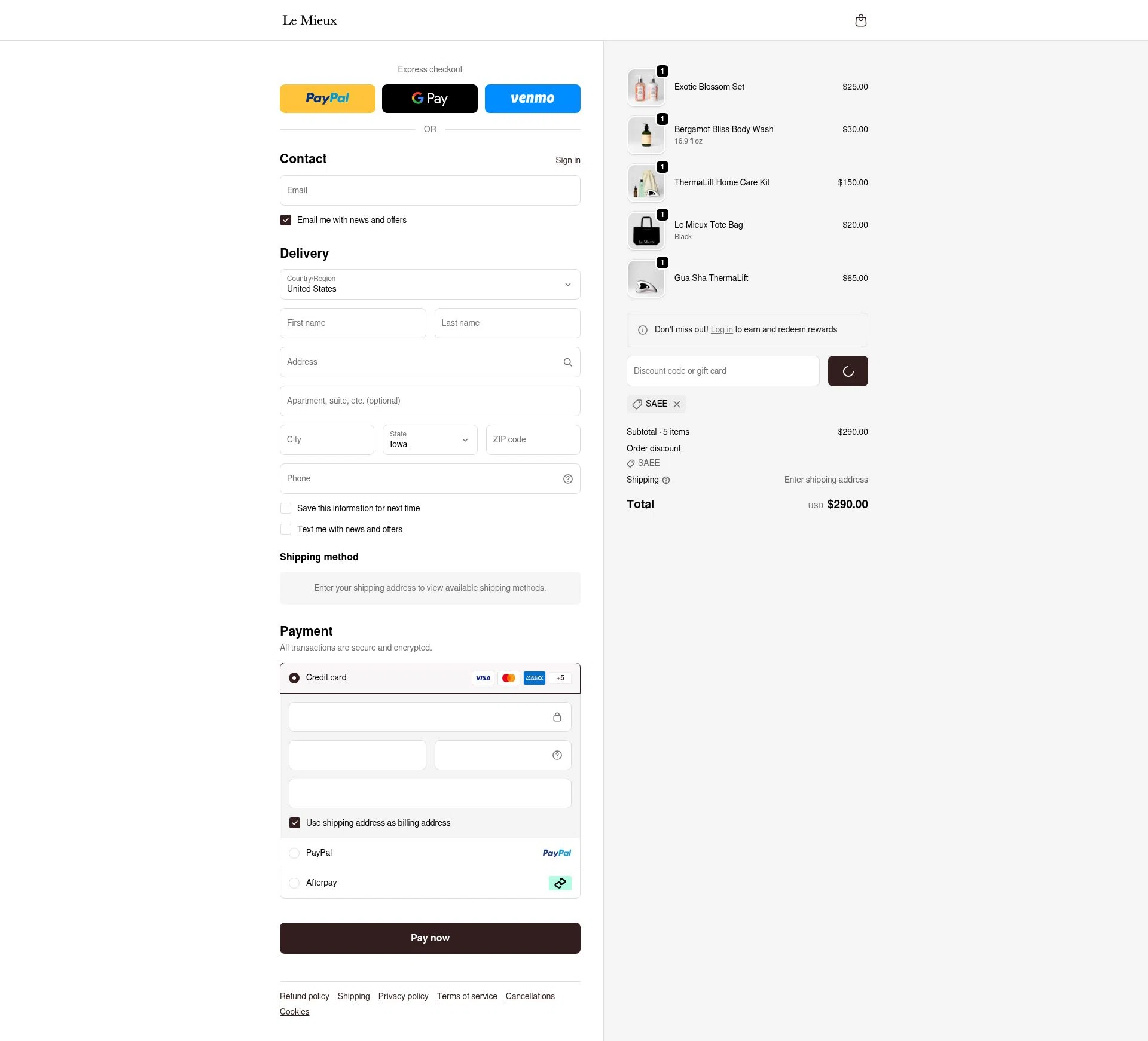 Le Mieux Skincare checkout page showing Le Mieux Skincare promo code box | Screenshot taken by SimplyCodes community member on Feb 18, 2026