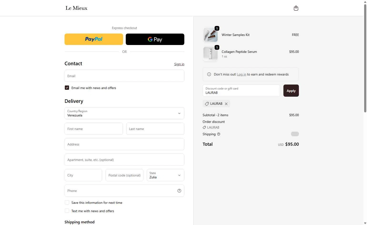 Le Mieux Skincare checkout page showing Le Mieux Skincare promo code box | Screenshot taken by SimplyCodes community member on Feb 19, 2026