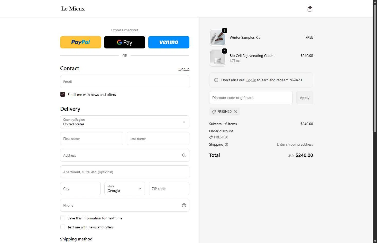 Le Mieux Skincare checkout page showing Le Mieux Skincare promo code box | Screenshot taken by SimplyCodes community member on Feb 18, 2026