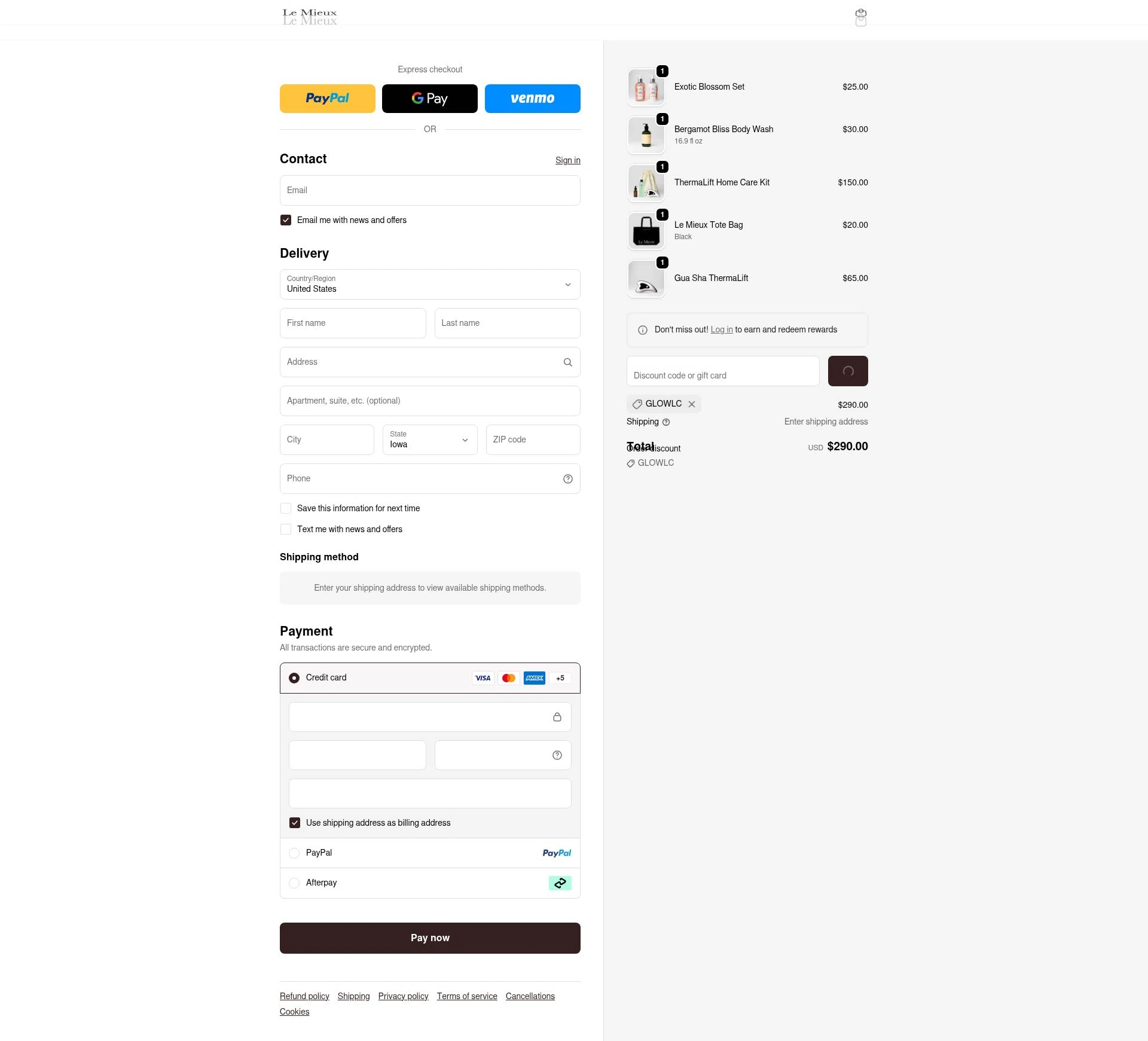 Le Mieux Skincare checkout page showing Le Mieux Skincare promo code box | Screenshot taken by SimplyCodes community member on Feb 18, 2026