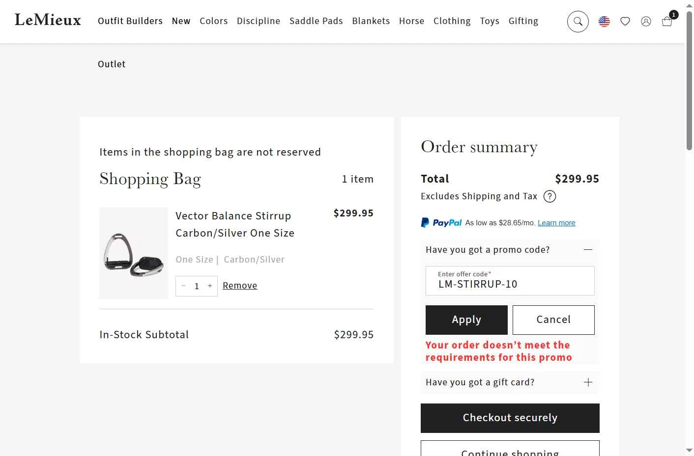 LeMieux USA checkout page showing LeMieux USA promo code box | Screenshot taken by SimplyCodes community member on Oct 16, 2025