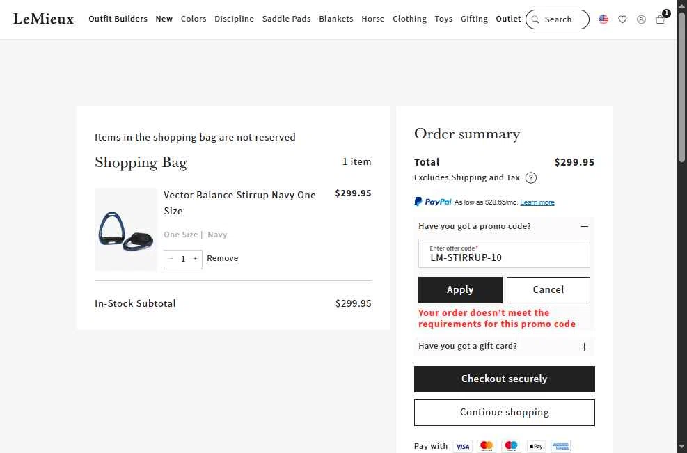 LeMieux USA checkout page showing LeMieux USA promo code box | Screenshot taken by SimplyCodes community member on Oct 16, 2025