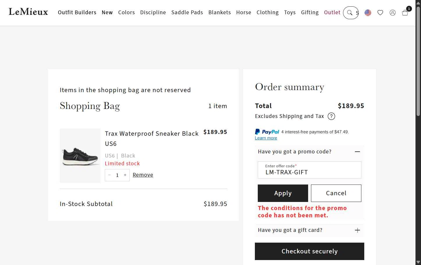 LeMieux USA checkout page showing LeMieux USA promo code box | Screenshot taken by SimplyCodes community member on Aug 27, 2025
