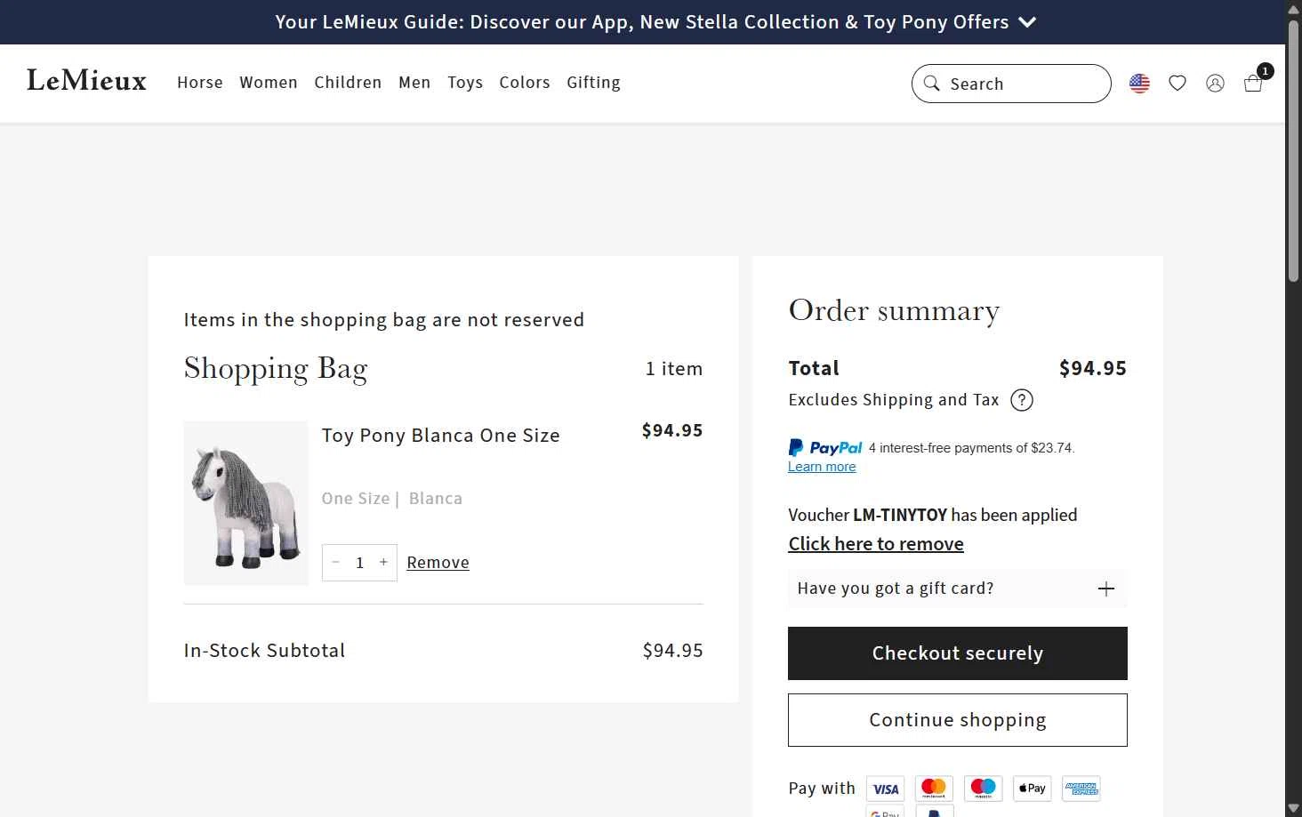 LeMieux USA checkout page showing LeMieux USA promo code box | Screenshot taken by SimplyCodes community member on Feb 11, 2026