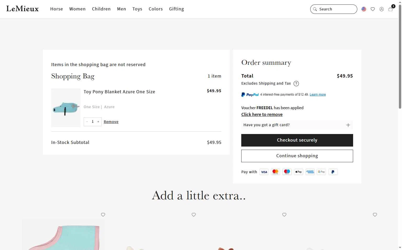 LeMieux USA checkout page showing LeMieux USA promo code box | Screenshot taken by SimplyCodes community member on Oct 24, 2025