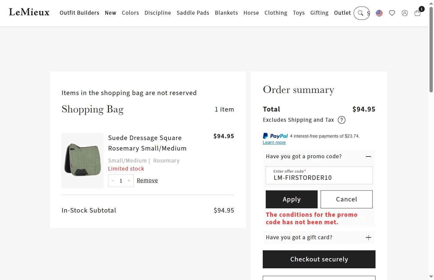 LeMieux USA checkout page showing LeMieux USA promo code box | Screenshot taken by SimplyCodes community member on Sep 30, 2025