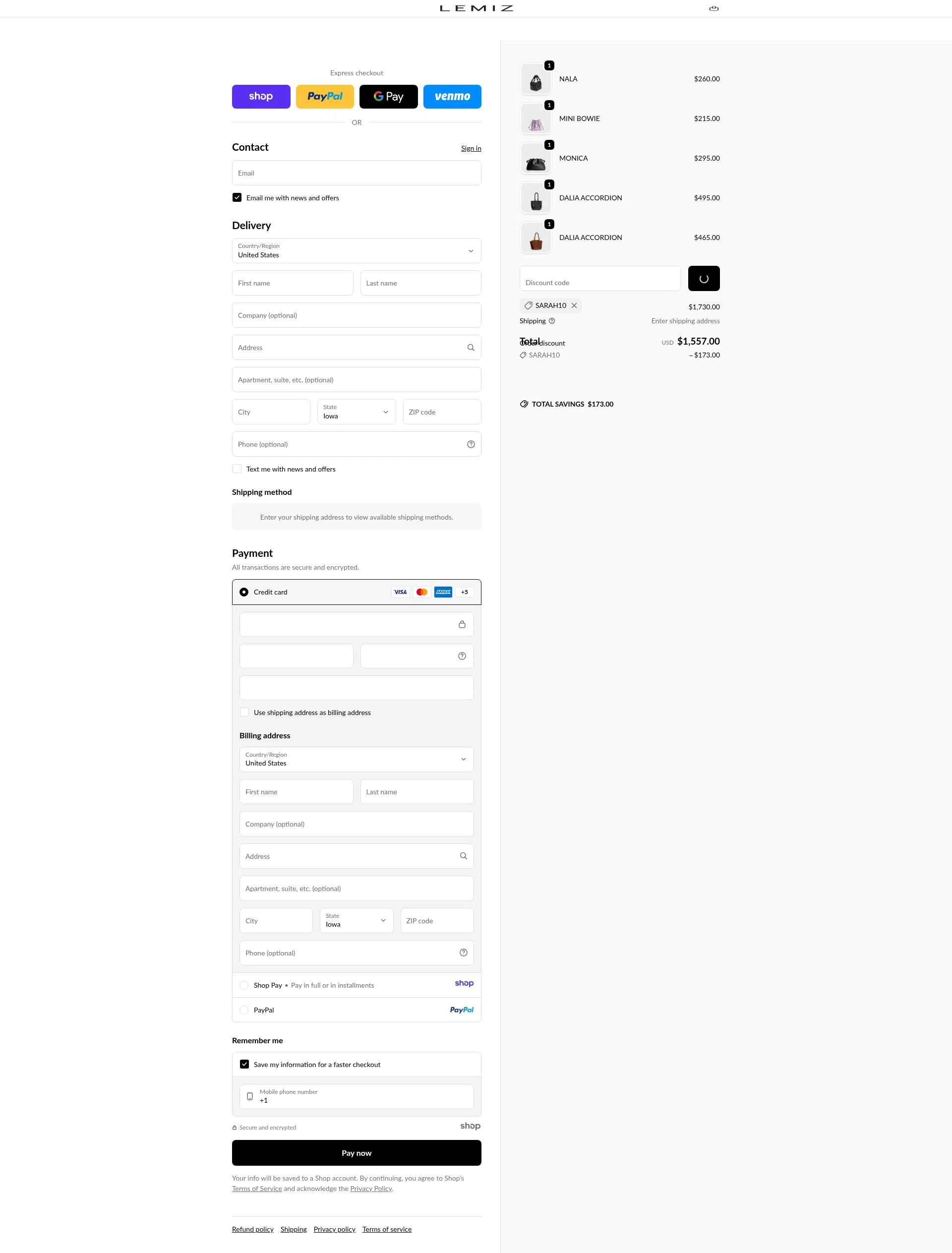 LEMIZ HANDBAGS checkout page showing LEMIZ HANDBAGS promo code box | Screenshot taken by SimplyCodes community member on Dec 30, 2025