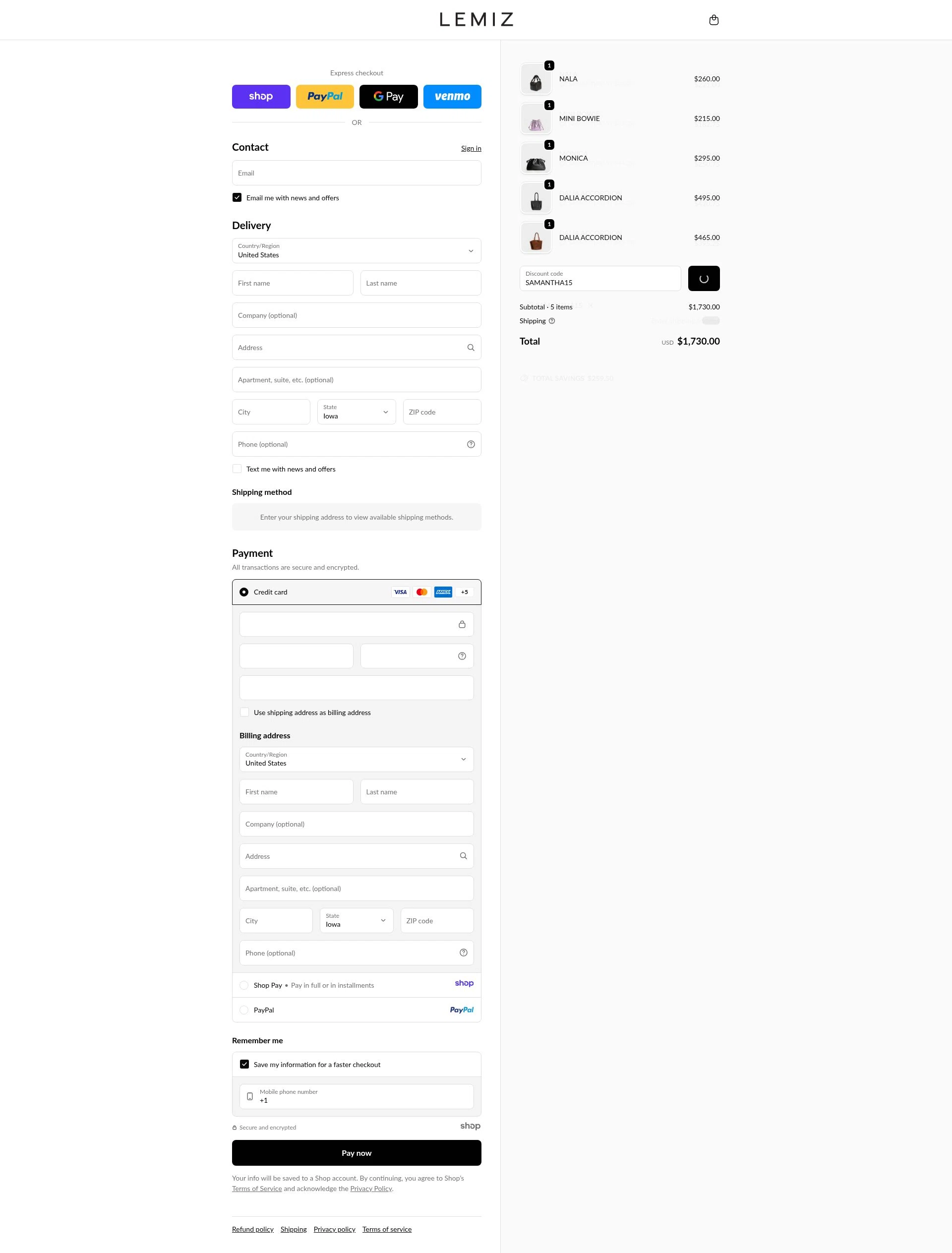 LEMIZ HANDBAGS checkout page showing LEMIZ HANDBAGS promo code box | Screenshot taken by SimplyCodes community member on Dec 25, 2025