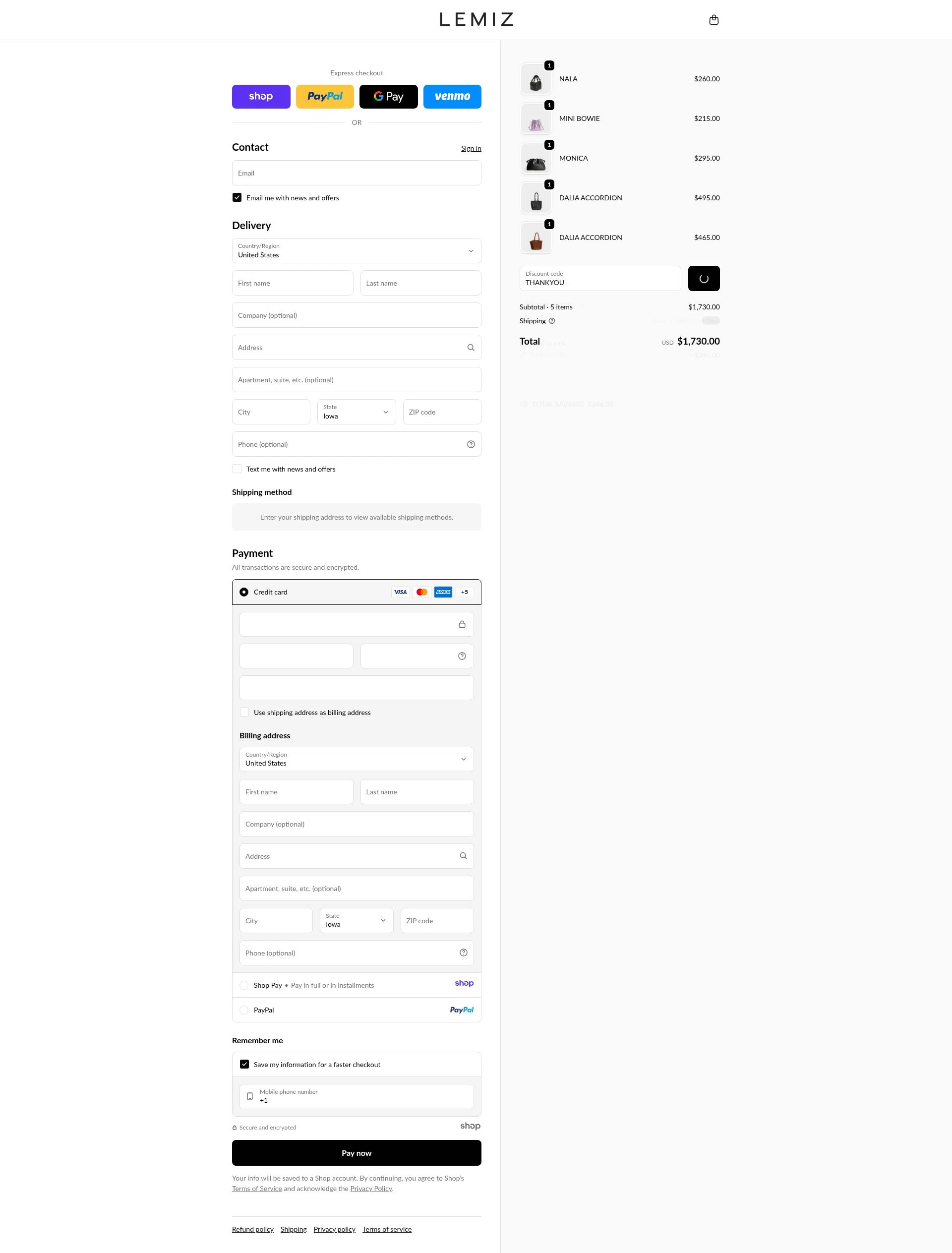 LEMIZ HANDBAGS checkout page showing LEMIZ HANDBAGS promo code box | Screenshot taken by SimplyCodes community member on Dec 30, 2025