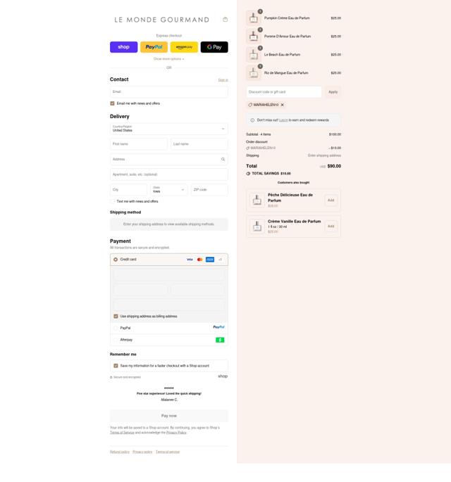 Le Monde Gourmand checkout page showing Le Monde Gourmand coupon code box | Screenshot taken by SimplyCodes community member on Sep 15, 2025