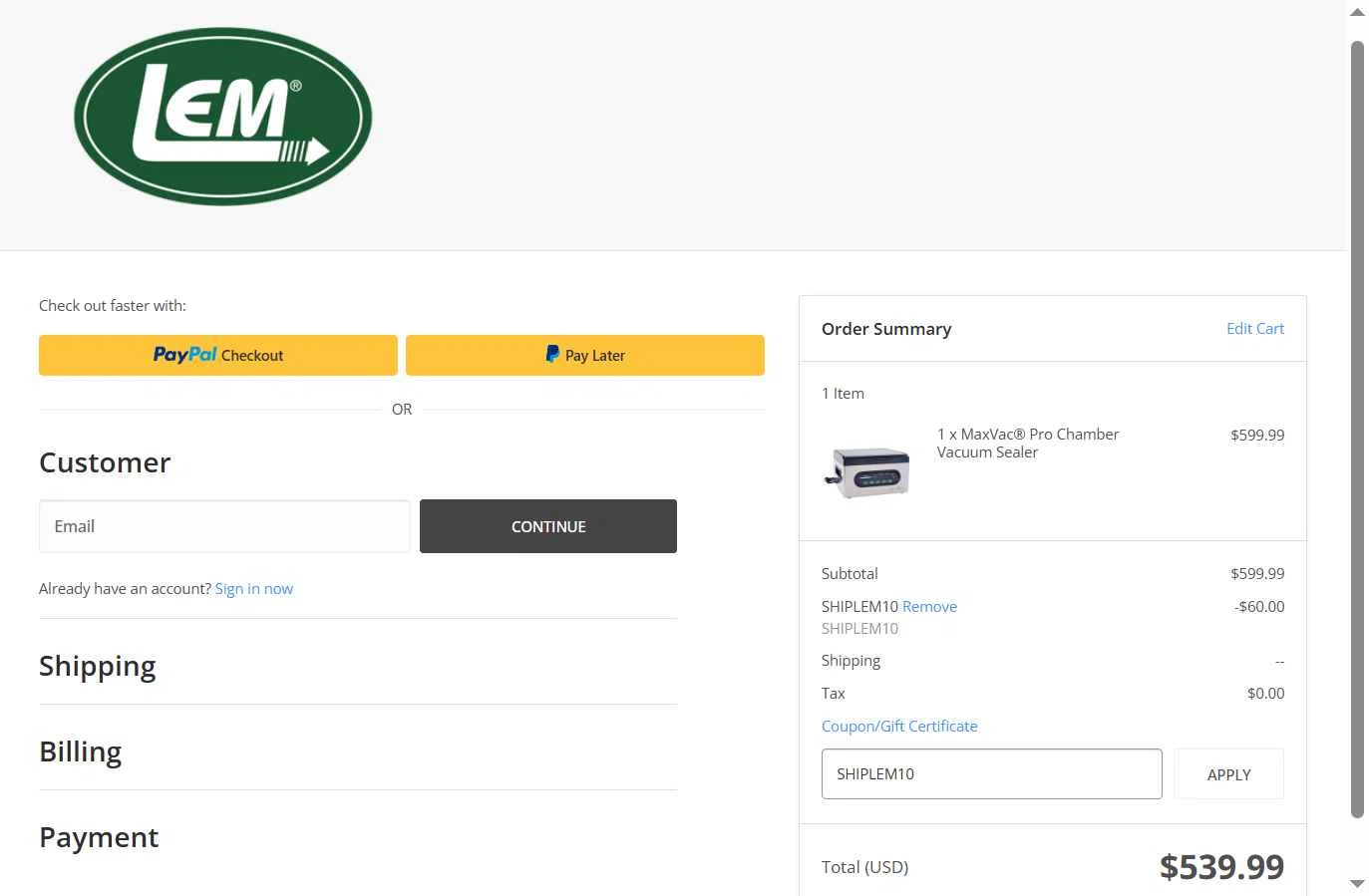 LEM Products checkout page showing LEM Products coupon code box | Screenshot taken by SimplyCodes community member on Jan 17, 2026