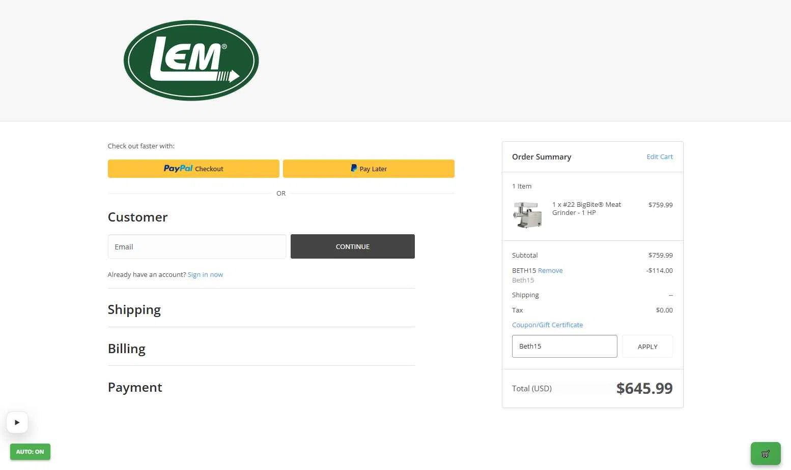 LEM Products checkout page showing LEM Products coupon code box | Screenshot taken by SimplyCodes community member on Jan 18, 2026