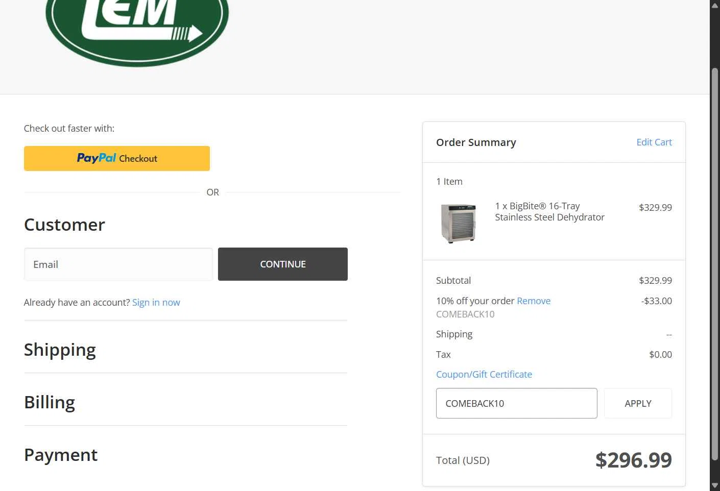 LEM Products checkout page showing LEM Products coupon code box | Screenshot taken by SimplyCodes community member on Jan 25, 2026