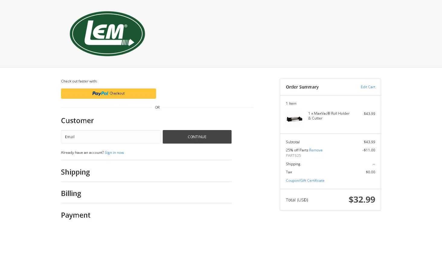 LEM Products checkout page showing LEM Products coupon code box | Screenshot taken by SimplyCodes community member on Jan 22, 2026