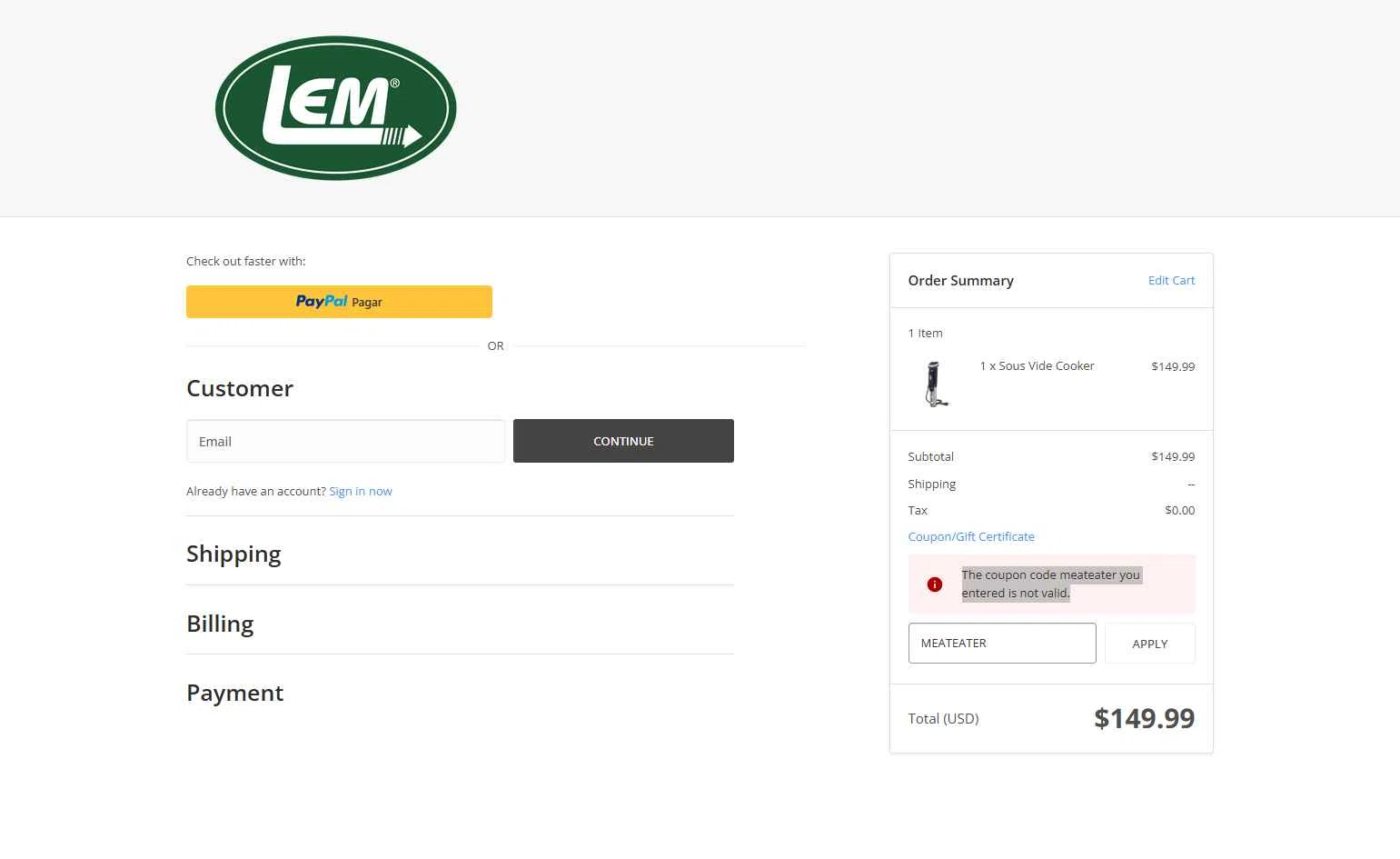 LEM Products checkout page showing LEM Products coupon code box | Screenshot taken by SimplyCodes community member on Feb 3, 2026