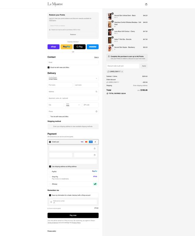 Le Mystere checkout page showing Le Mystere promo code box | Screenshot taken by SimplyCodes community member on Sep 11, 2025