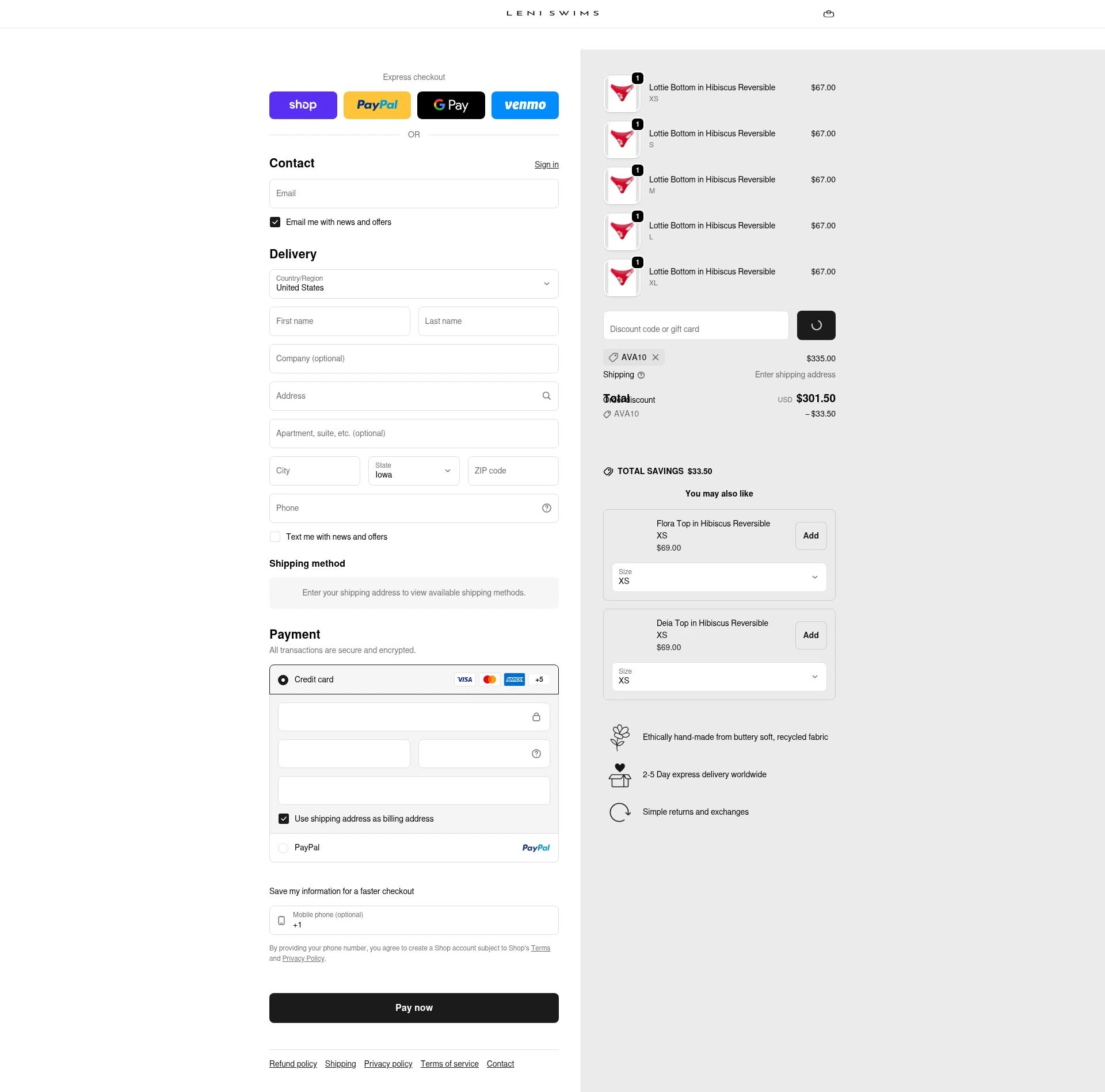Leni Swims checkout page showing Leni Swims discount code box | Screenshot taken by SimplyCodes community member on Feb 20, 2026