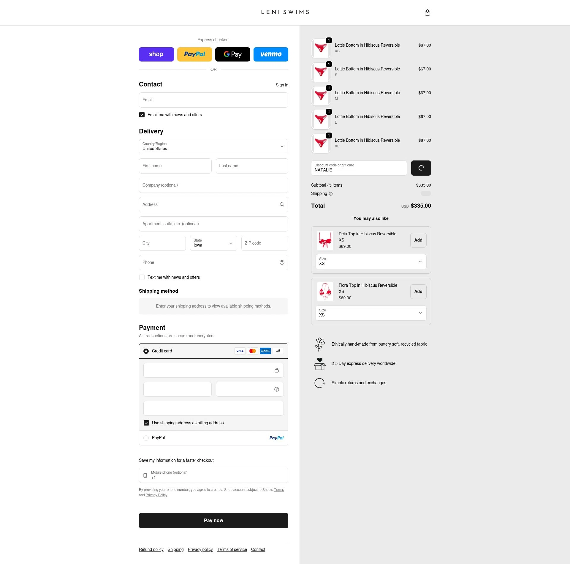 Leni Swims checkout page showing Leni Swims discount code box | Screenshot taken by SimplyCodes community member on Feb 12, 2026