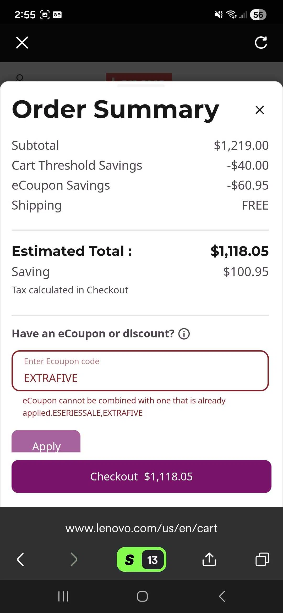 Verification screenshot for 5% Off Yoga 7 2-in-1 at Lenovo - 4mo ago
