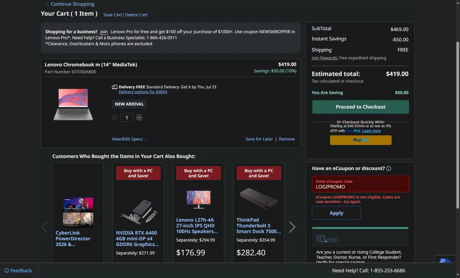 Verification screenshot for 20% Off Logitech Mk270 Wireless Combo Keyboard and Mouse Set at Lenovo - 16d ago