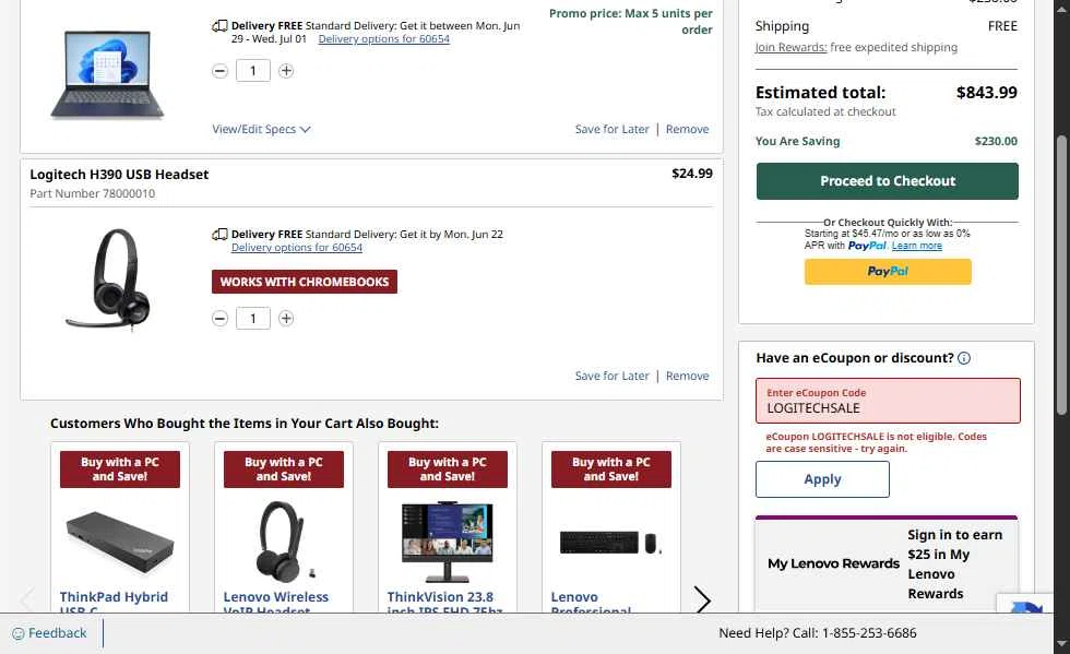 Verification screenshot for 20% Off Logitech H390 Usb Headset (Members Only) at Lenovo - 9d ago