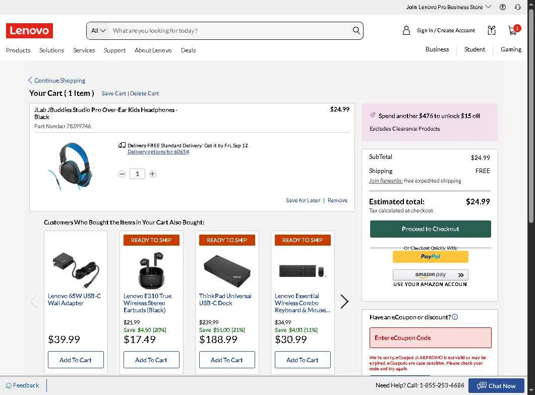 Verification screenshot for 10% Off Jlab Jbuddies Pop Wireless Kids Headphones Teal at Lenovo - 10mo ago