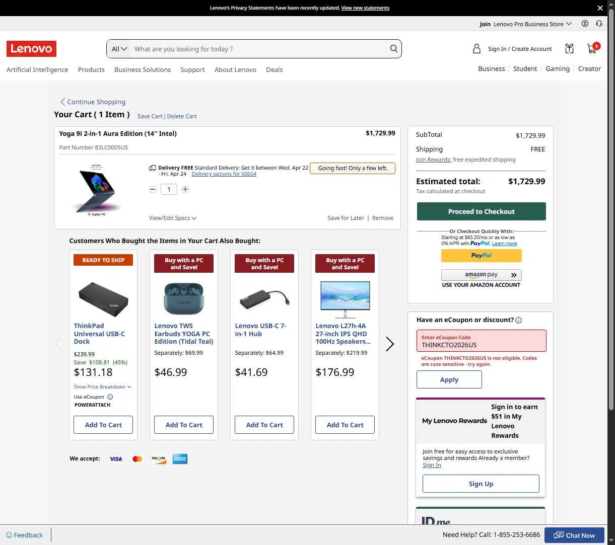 Verification screenshot for $70 Off Select Items (Members Only) at Lenovo — 50d ago