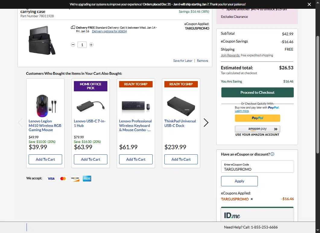 Lenovo checkout page showing Lenovo coupon code box | Screenshot taken by SimplyCodes community member on Jan 5, 2026