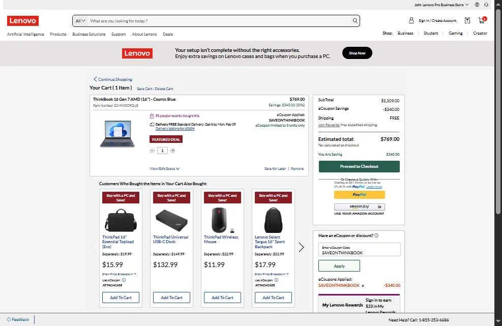 Lenovo checkout page showing Lenovo coupon code box | Screenshot taken by SimplyCodes community member on Feb 1, 2026